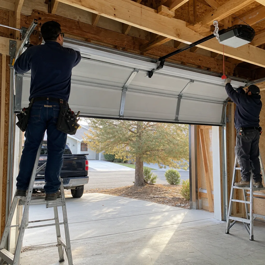 Two technicians installing a white sectional garage door in a residential garage