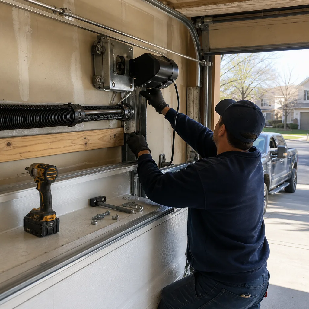 Technician performing professional garage door opener repair and installation services