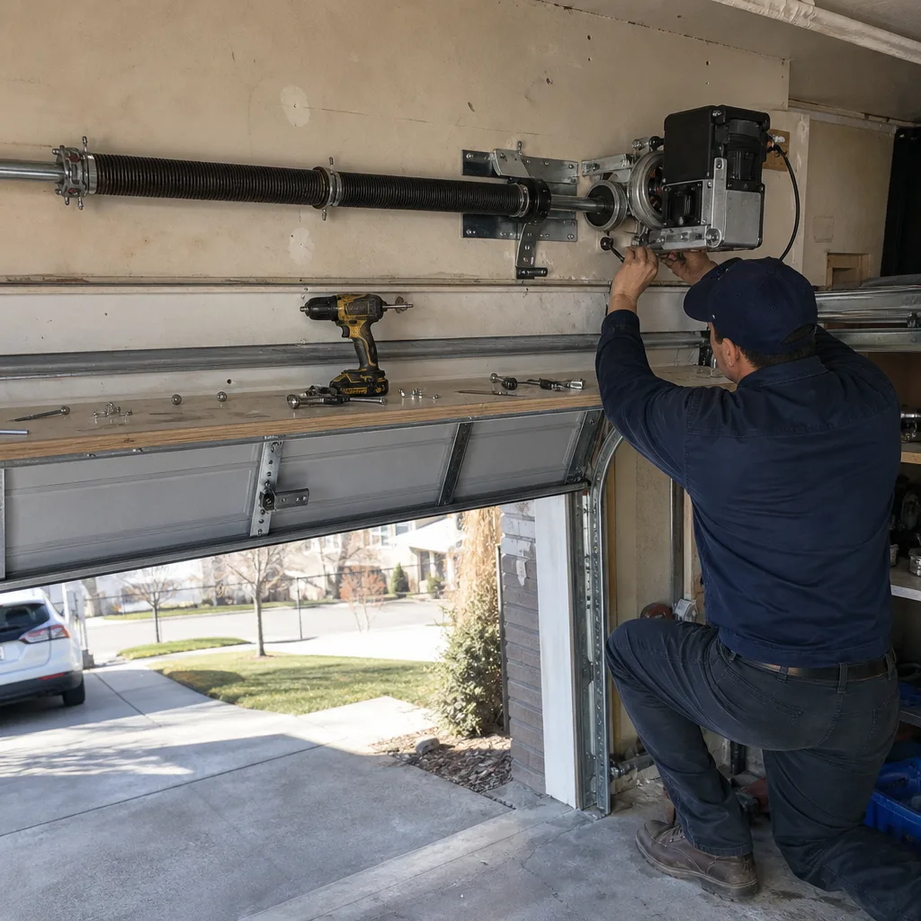 Technician performing professional garage door opener repair and installation services