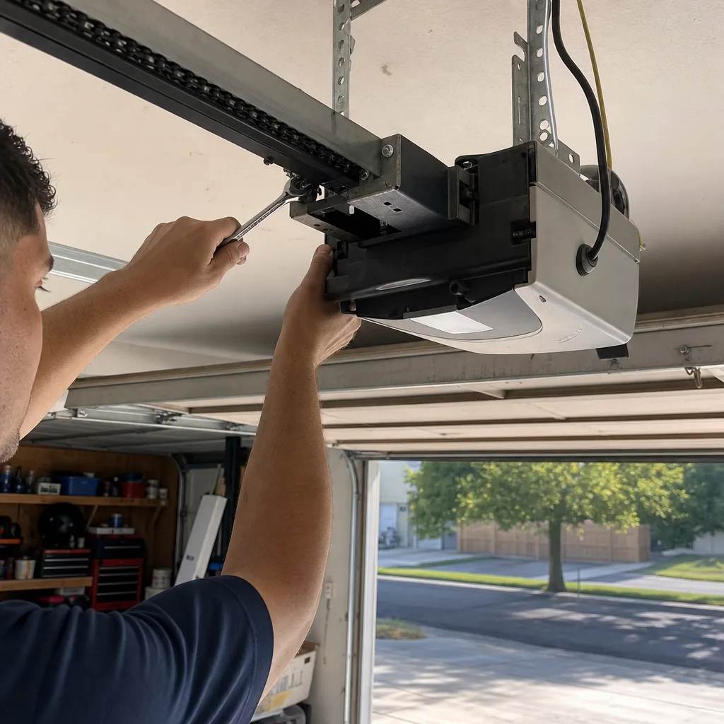 Technician performing professional garage door opener repair and maintenance