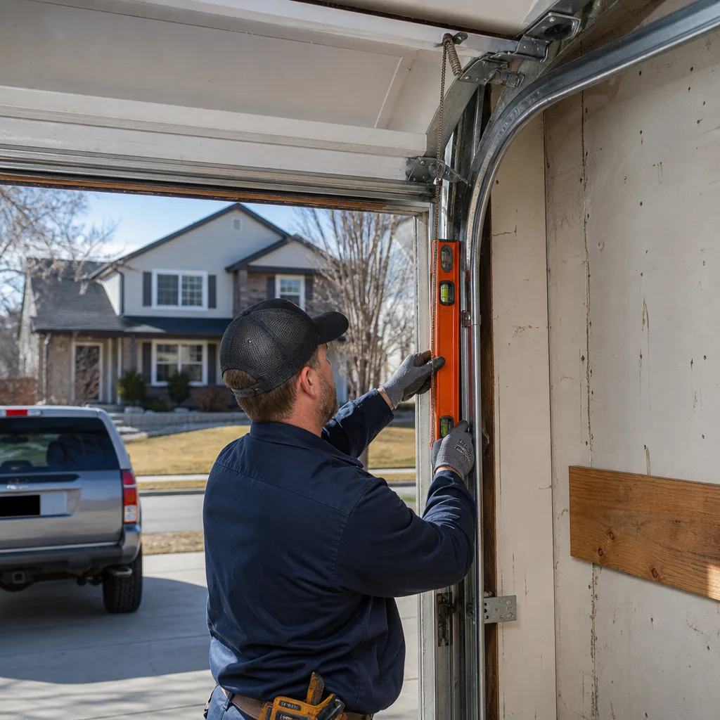 Technician using a level to align a garage door track for repair