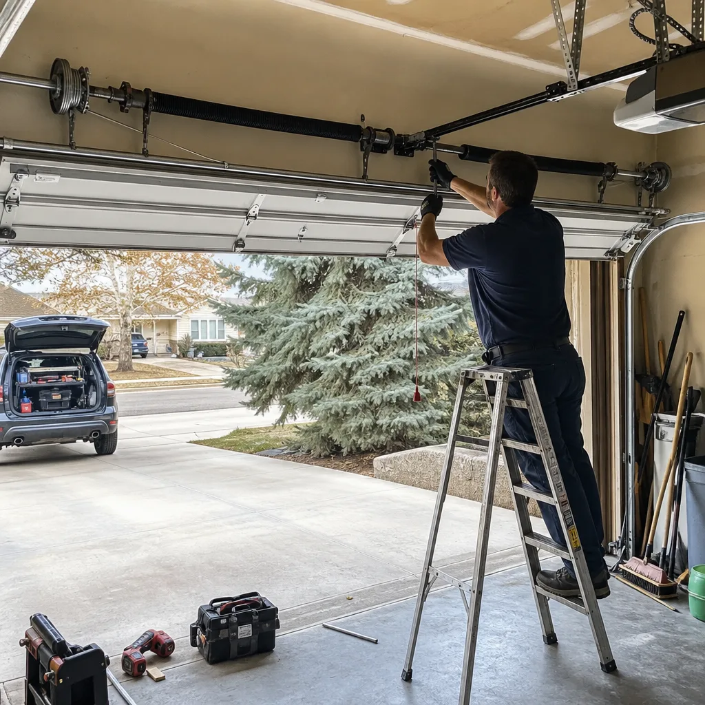 Technician performing professional garage door spring repair and maintenance